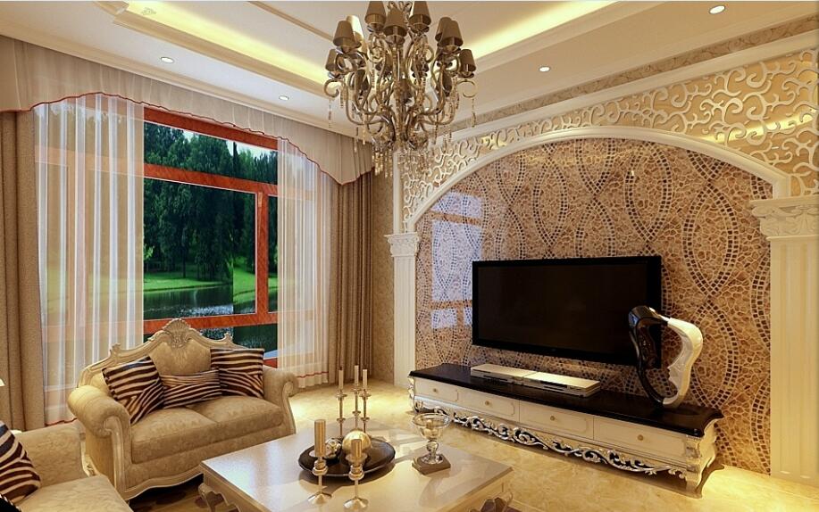云浮银河港湾花园欧式客厅拱形瓷砖电视墙罗马柱欧式花沙发效果图