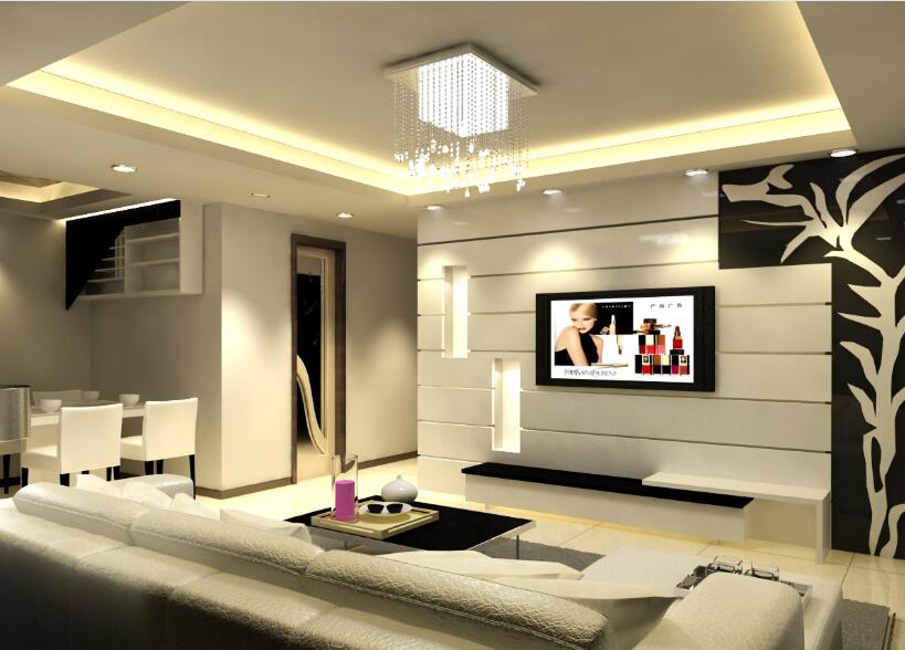 柳州富亿城简约30平米客厅白木条电视墙珠帘吊灯筒灯灯带一字型沙发效果