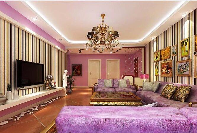 桂林新都品尚80平米客厅紫色沙发条纹电视墙浅紫色墙壁照片墙效果图