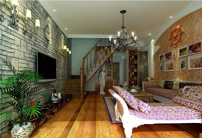梧州博汇花园复式楼木质楼梯客厅拱形背景墙欧式沙发紫色砖块壁纸pvc