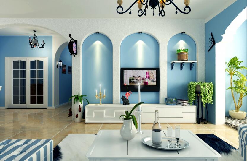 钦州丽景天下地中海客厅拱形电视墙淡蓝色墙壁方格卧室门效果图