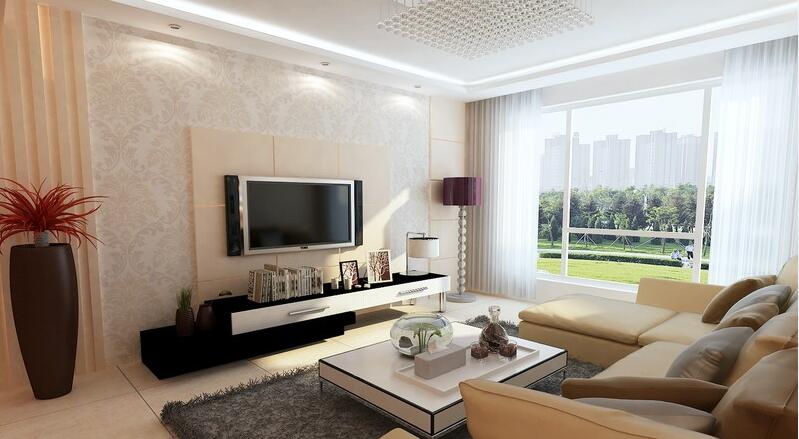 贵港甘化花园北欧客厅珠帘吊灯白色窗帘真皮棕色沙发层板电视墙效果图