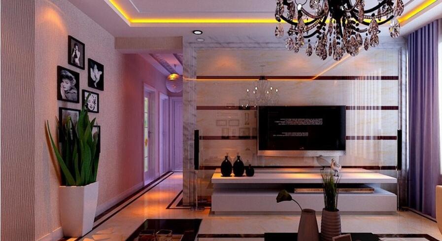 河池金碧湾现代客厅紫色窗帘简约电视柜客厅壁纸效果图