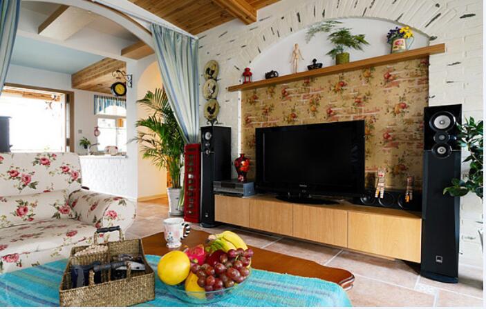 来宾香格里拉田园风格客厅实木吊顶拱形电视墙碎花沙发效果图