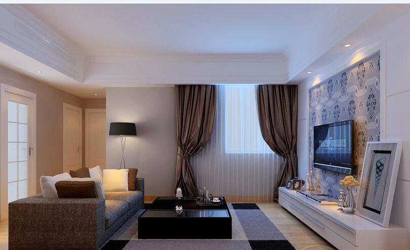 来宾鑫都国际二居室客厅中空石膏吊顶小窗户电视墙纸棕色麻布沙发效果图