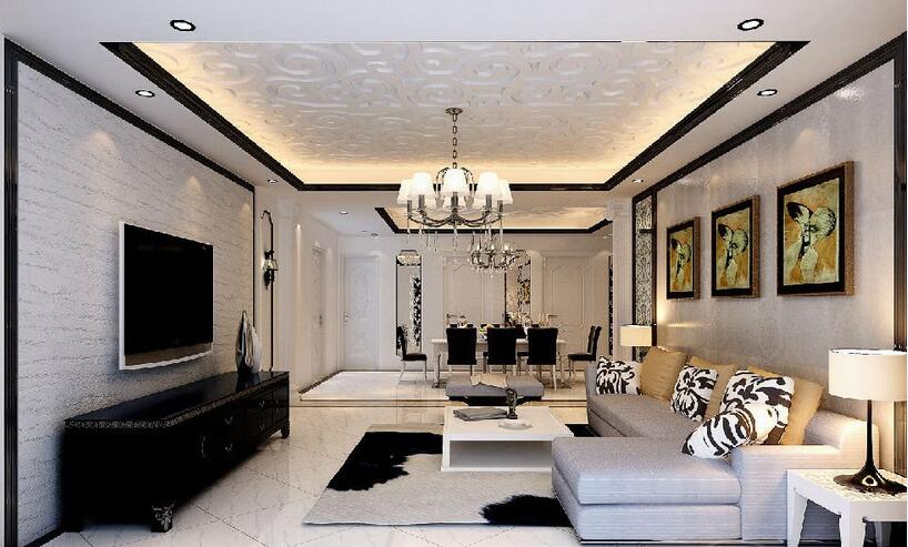 海口蓝海瑞园现代简约客厅白色砌墙电视墙石膏花吊顶黑色餐桌椅效果图