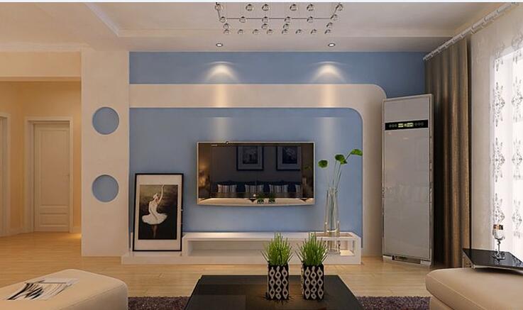 三亚棠岸30平米二居室淡蓝色电视墙罗马杆窗帘拼接地板效果图~！