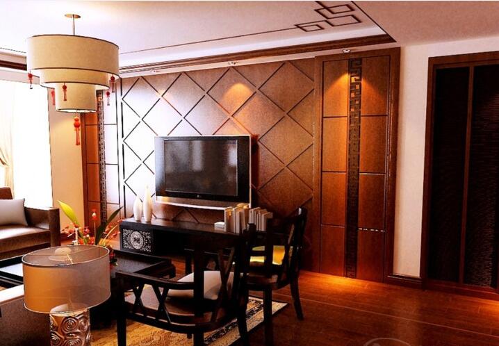 琼海万泉语润新中式客厅菱形实木电视墙中式雕花吊顶效果图