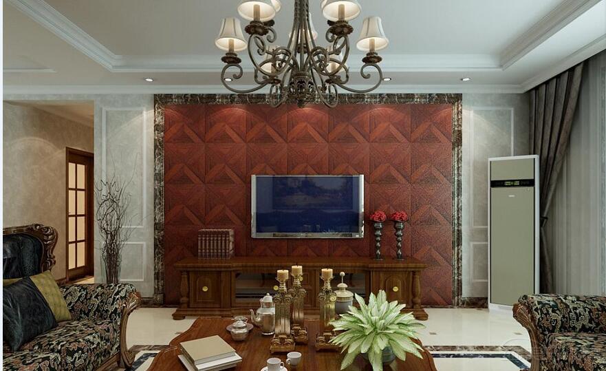 儋州海语假日复古客厅红色电视墙石膏吊顶复古布艺沙发效果图