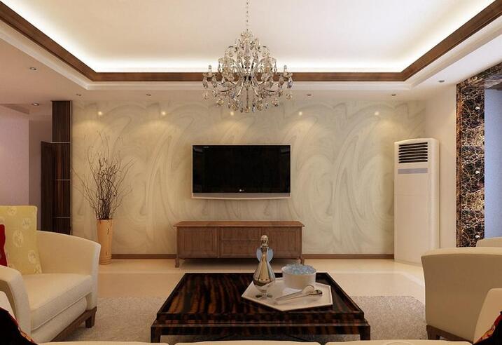 安定福安佳园现代简约客厅瓷砖电视墙欧式水晶吊灯U形茶几效果图