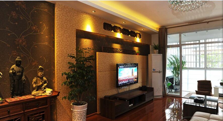 屯昌龙城天地现代客厅简约电视墙复古玄关储物柜红木地板效果图