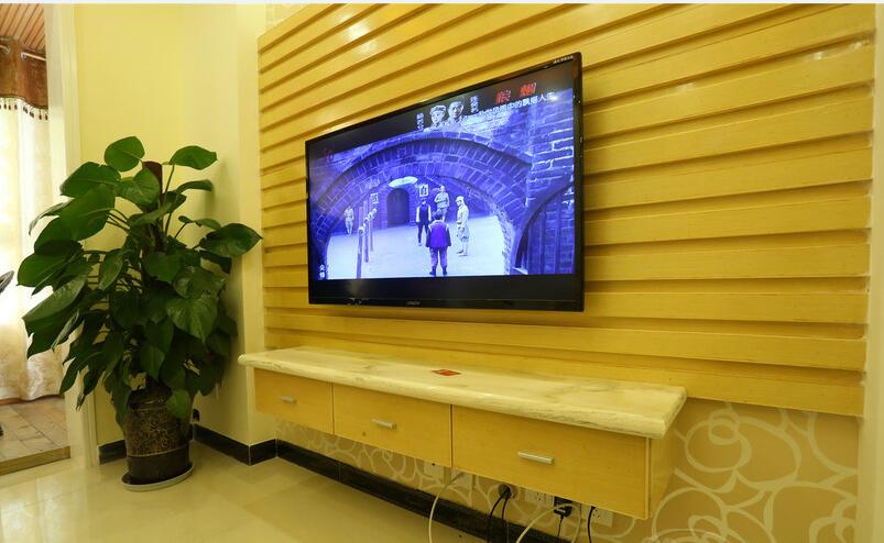 屯昌天湖半岛15平米客厅木条电视墙层板电视柜客厅绿植摆放效果图
