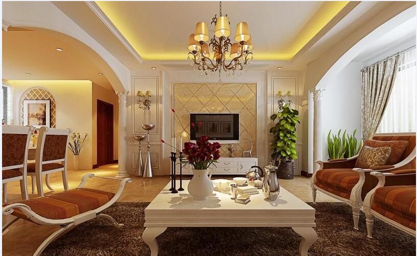 临高飘兰庭院奢华金色欧式客厅拱形客厅门罗马柱金色吊灯效果图