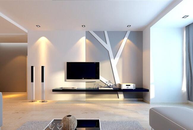 白沙金沙·馨怡然50平米客厅斗胆吊顶创意电视墙灰色窗帘立式音响效果图