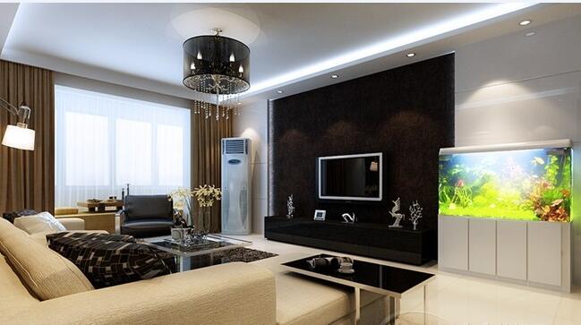 保亭槟榔海山庄现代简约客厅黑色电视墙鱼缸吸顶灯组合沙发立式空调效果图