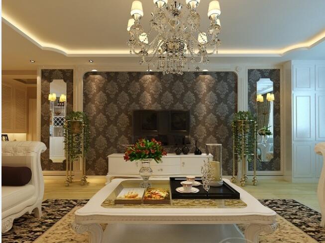 西安巍然大厦欧式客厅金色吊灯客厅花架白色茶几效果图