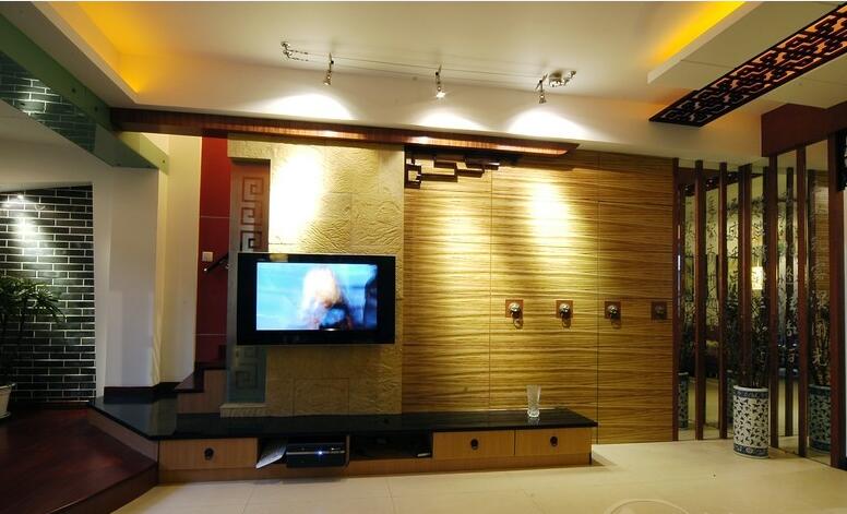宝鸡花样年华阶梯式简中式客厅木条电视墙隐形门效果图