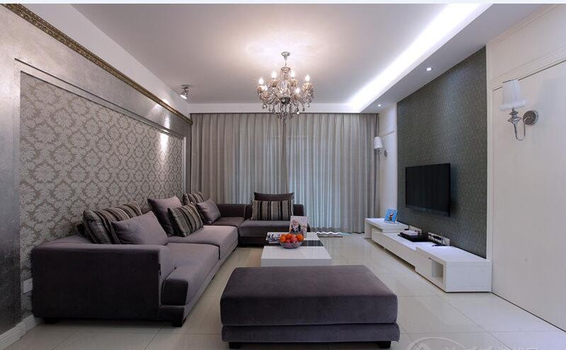 渭南赤水湾生态文化园区长方形简约客厅灰色沙发欧式花壁纸蜡烛吊灯效果图