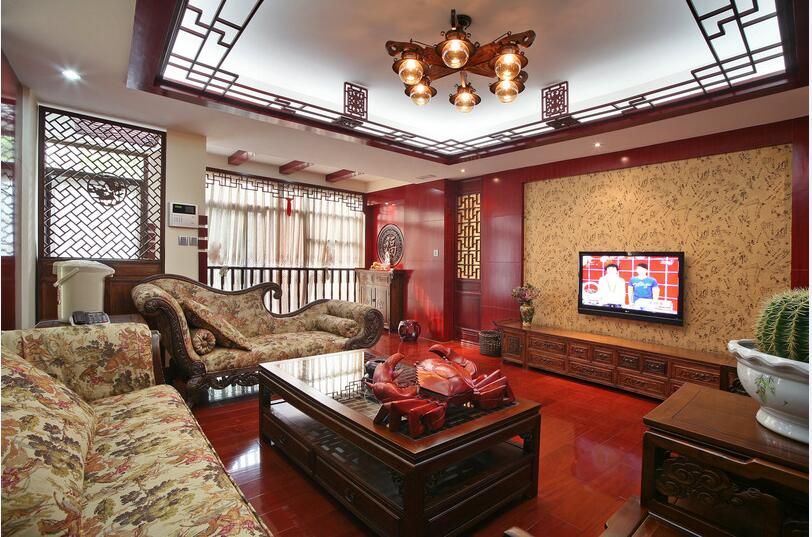 渭南凤凰大厦新中式客厅镂空雕花吊顶红木家装贵妃椅效果图