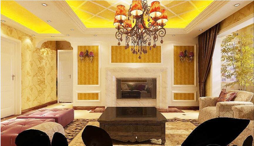 汉中广夏名品欧式金色客厅枚红色皮沙发多层吊灯效果图