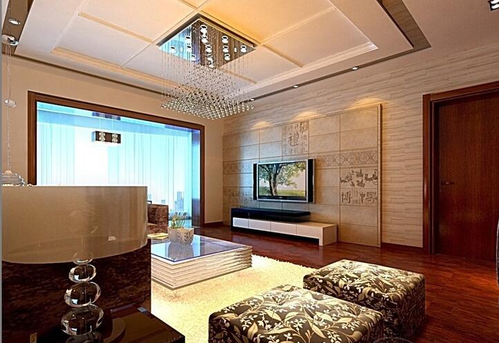榆林凤凰家园40平米简约客厅线帘吊灯雕花凳沙发拼接地板效果图