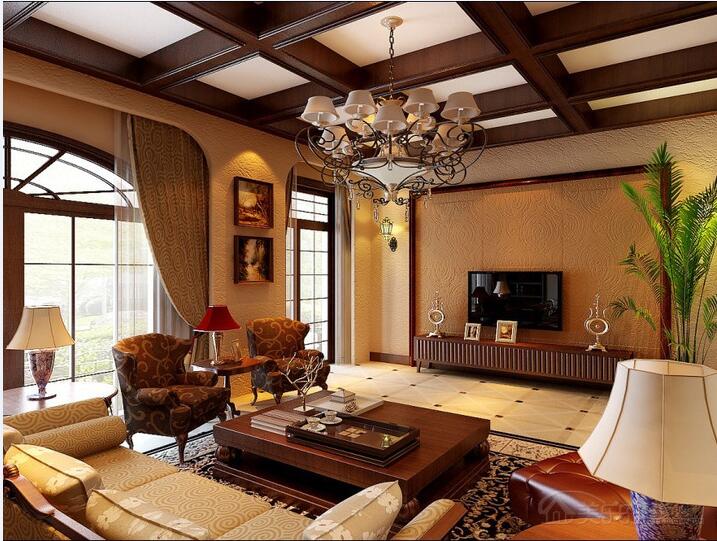 安康兴安西路新中式客厅一体褐色壁纸胡桃木茶几电视柜家具效果图