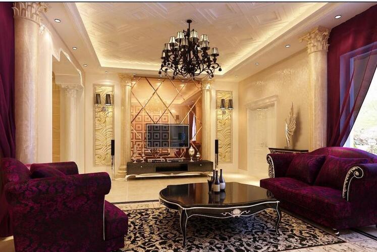 商洛晨光商务大厦奢华金色欧式长方形客厅拱形门洞紫色沙发椅嵌入式电视墙效果图