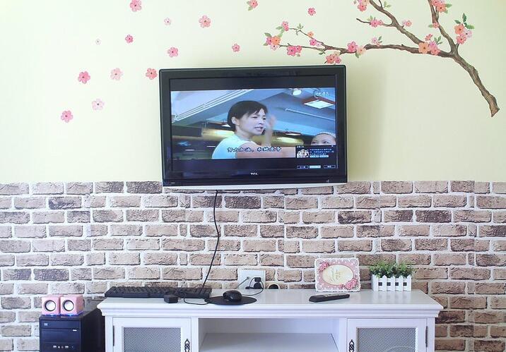 商洛宏安新村10平米现代客厅砌砖墙梅花壁纸白色电视柜效果图