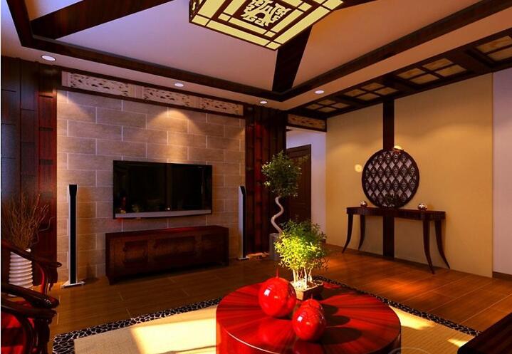 金昌五洲小区新中式客厅圆形红色茶几中式吊顶砖墙电视背景墙效果图