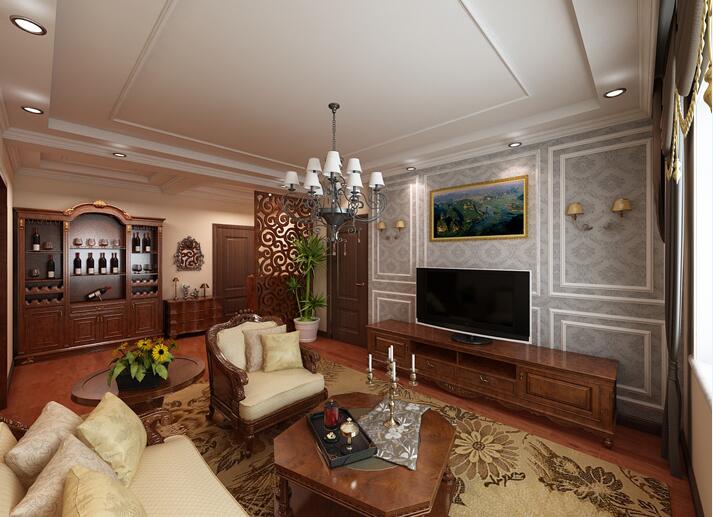 白银怡沁花园欧式复古客厅半开放红木酒柜多边形茶几镂空屏风效果图