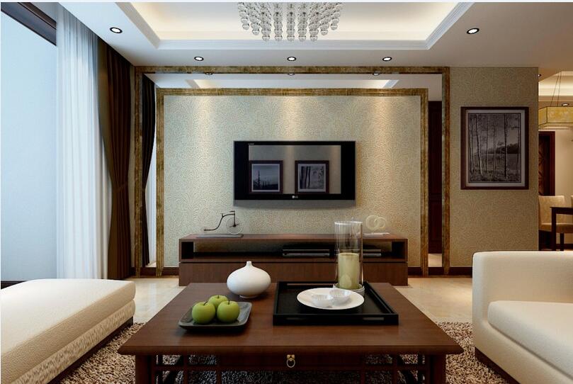 天水新华园小区现代客厅吊顶灰色电视墙纸木质茶几白色阳台窗帘效果图
