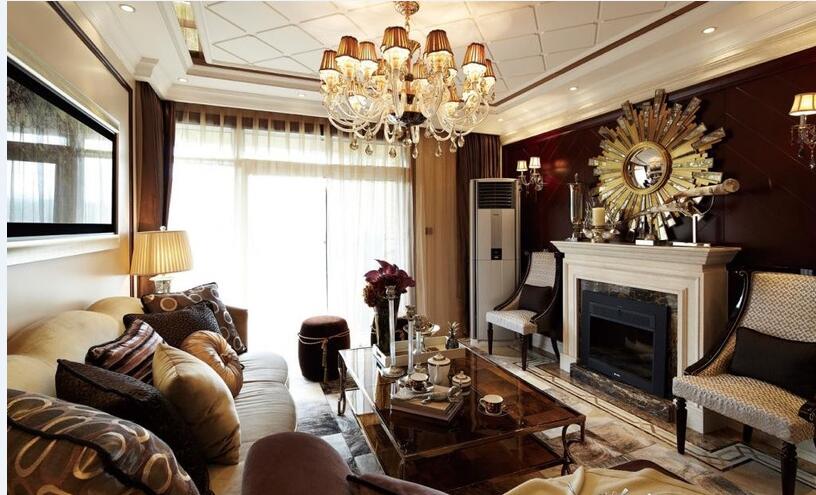 天水鸿源新居欧式客厅太阳镜子菱形吊顶棕色透明玻璃茶几壁炉效果图