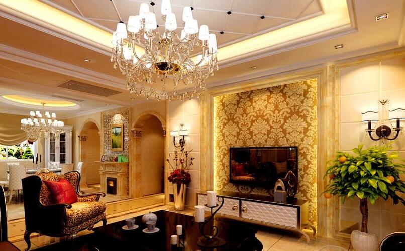 武威恒大绿洲奢华欧式客厅餐厅一体欧式电视墙壁灯菱形吊顶大理石黑茶几效果图