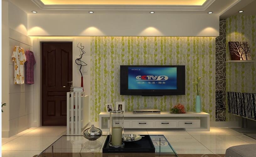 武威西苑小区现代客厅清新电视墙白色电视柜透明玻璃茶几筒灯吊顶玄关晾衣架效果图