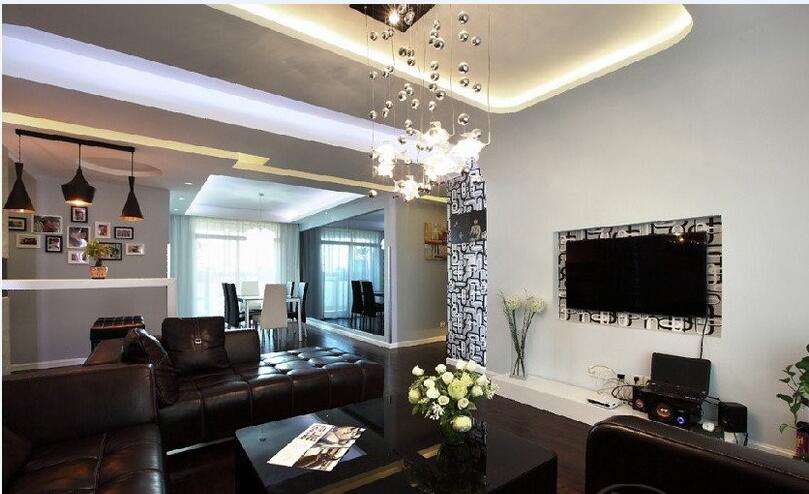 武威天景上海城创意吊灯拉扣黑色沙发嵌入式电视墙客厅开放式吧台效果图