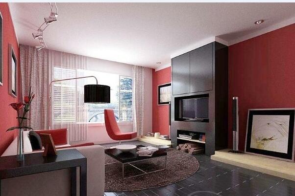 平凉新润花园客厅百叶窗红色墙壁黑色嵌入式电视柜黑色木地板效果图