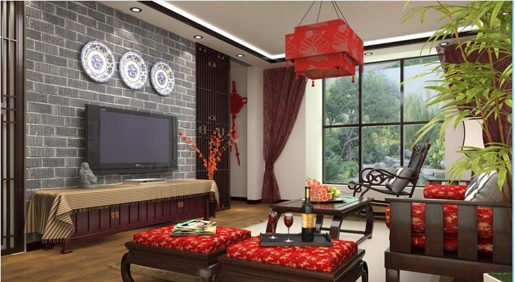 平凉新城花园新中式客厅灰色文化砖电视墙复古沙发椅红色坐垫红色吊灯效果图