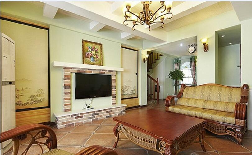 平凉西门缘小区复式楼客厅实木沙发淡绿色客厅墙方形石膏线吊顶效果图
