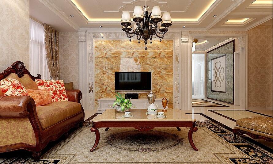 酒泉金泰家园欧式客厅石膏吊顶瓷砖墙欧式皮沙发过道贴瓷砖效果图