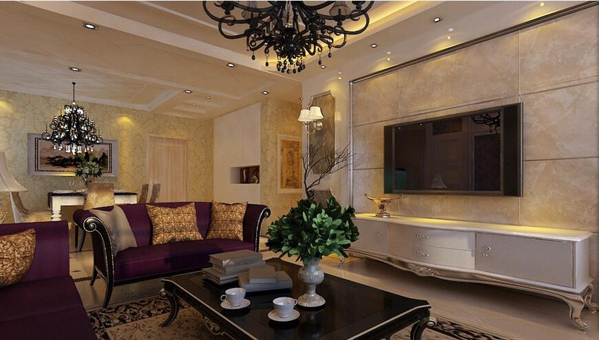 酒泉福宁苑现代欧式客厅射灯吊顶紫色沙发瓷砖墙壁黑色吊灯白色电视柜效果图