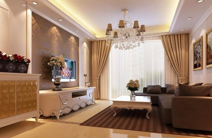 陇南新盛小区咖色风格客厅条纹地毯L形咖啡色沙发效果图