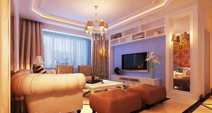 西宁晶珠广场简欧客厅欧式沙发淡蓝色窗帘置物架电视墙欧式壁灯效果图