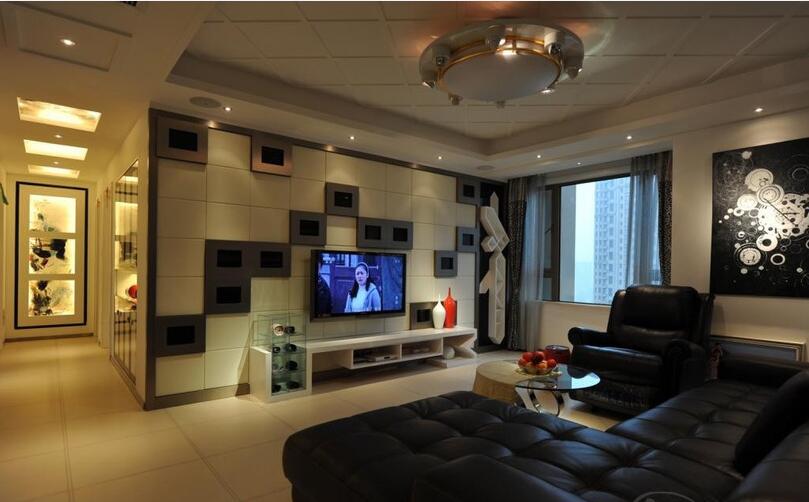 西宁万达中心现代客厅创意电视墙吸顶灯黑色真皮沙发创意长走廊吊顶效果图