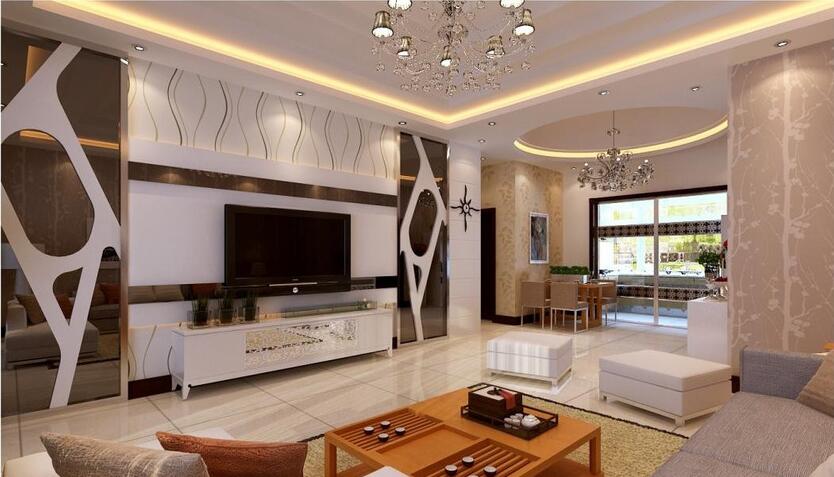吴忠恒昌国际公寓现代客厅创意白色电视墙圆隔断形吊顶真皮凳子效果图