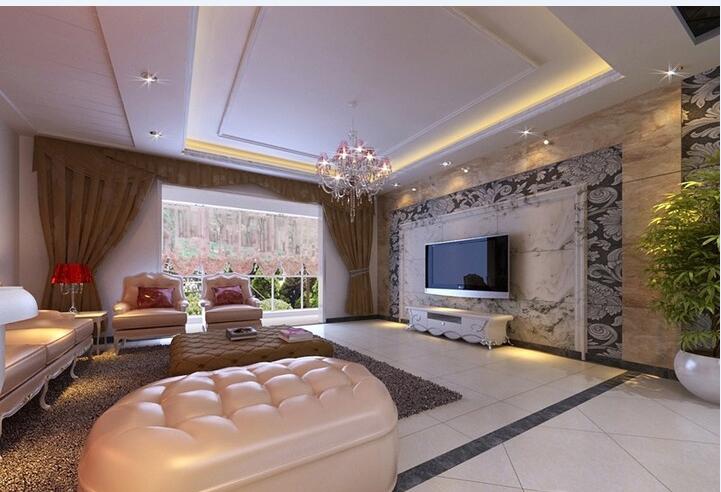 吴忠宜合苑现代50平米大客厅简约设计拉扣沙发凳瓷砖电视墙水晶吊灯效果图