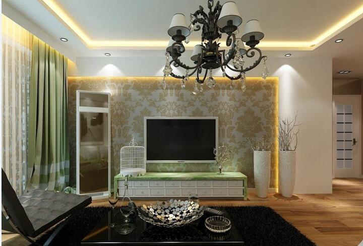 乌鲁木齐新青年公寓现代小户型客厅欧式吊灯射灯黄色灯带吊顶多抽屉电视柜效果图