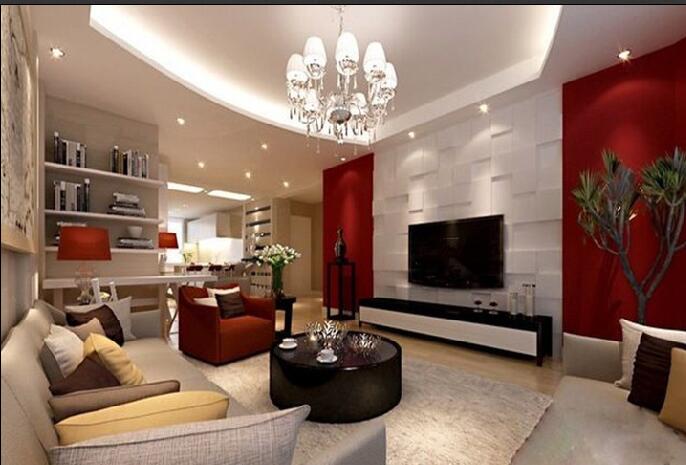 乌鲁木齐电力凤舞花园不规则客厅吊顶红白创意电视墙客厅书架一字型沙发效果图