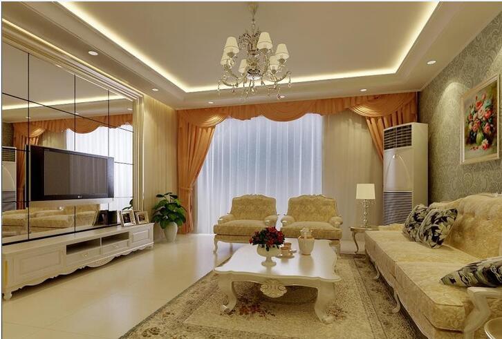 乌鲁木齐外运私宅白色客厅镜面电视墙橙黄色窗帘欧式沙发效果图