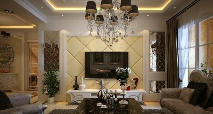 克拉玛依中城国际城白色简约欧式客厅菱形软包电视墙罗马杆窗帘欧式沙发效果图