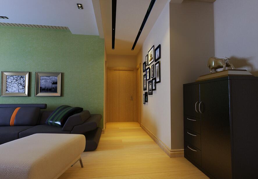 合肥康乐新村35平米客厅绿色壁纸创意一字型沙发过道照片墙效果图